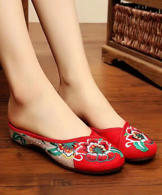 Green Cotton Fabric Retro Embroidery Splicing Slide Sandals Ada Fashion