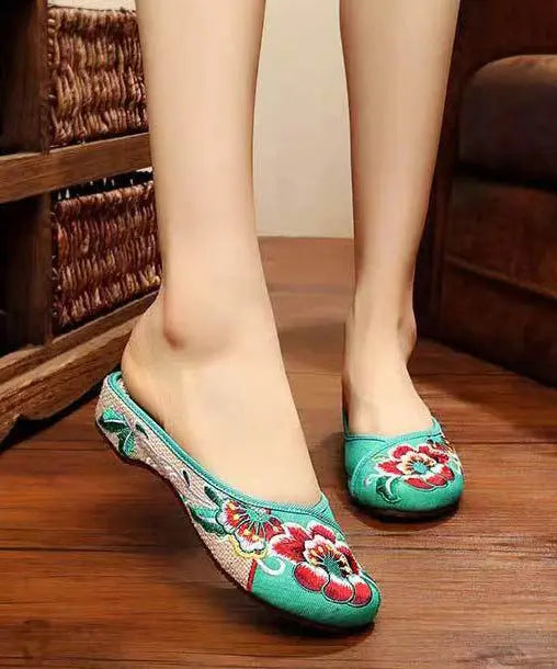 Green Cotton Fabric Retro Embroidery Splicing Slide Sandals Ada Fashion