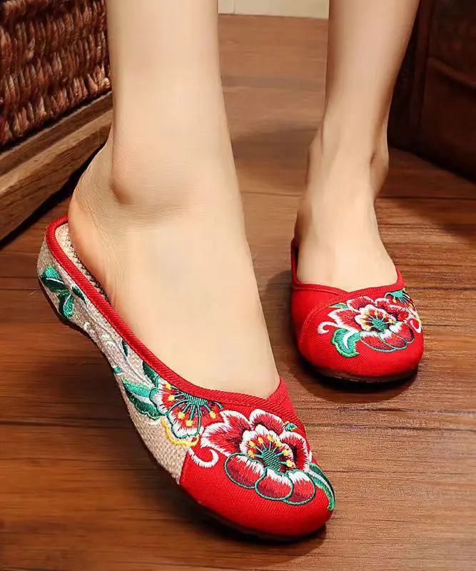 Green Cotton Fabric Retro Embroidery Splicing Slide Sandals Ada Fashion