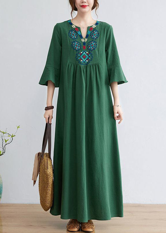 Green Cotton Long Dress Embroideried Exra Large Hem Flare Sleeve LY0900 - fabuloryshop