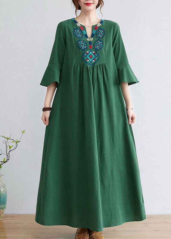 Green Cotton Long Dress Embroideried Exra Large Hem Flare Sleeve LY0900 - fabuloryshop