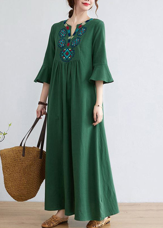 Green Cotton Long Dress Embroideried Exra Large Hem Flare Sleeve LY0900 - fabuloryshop