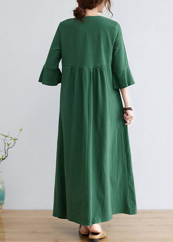 Green Cotton Long Dress Embroideried Exra Large Hem Flare Sleeve LY0900 - fabuloryshop