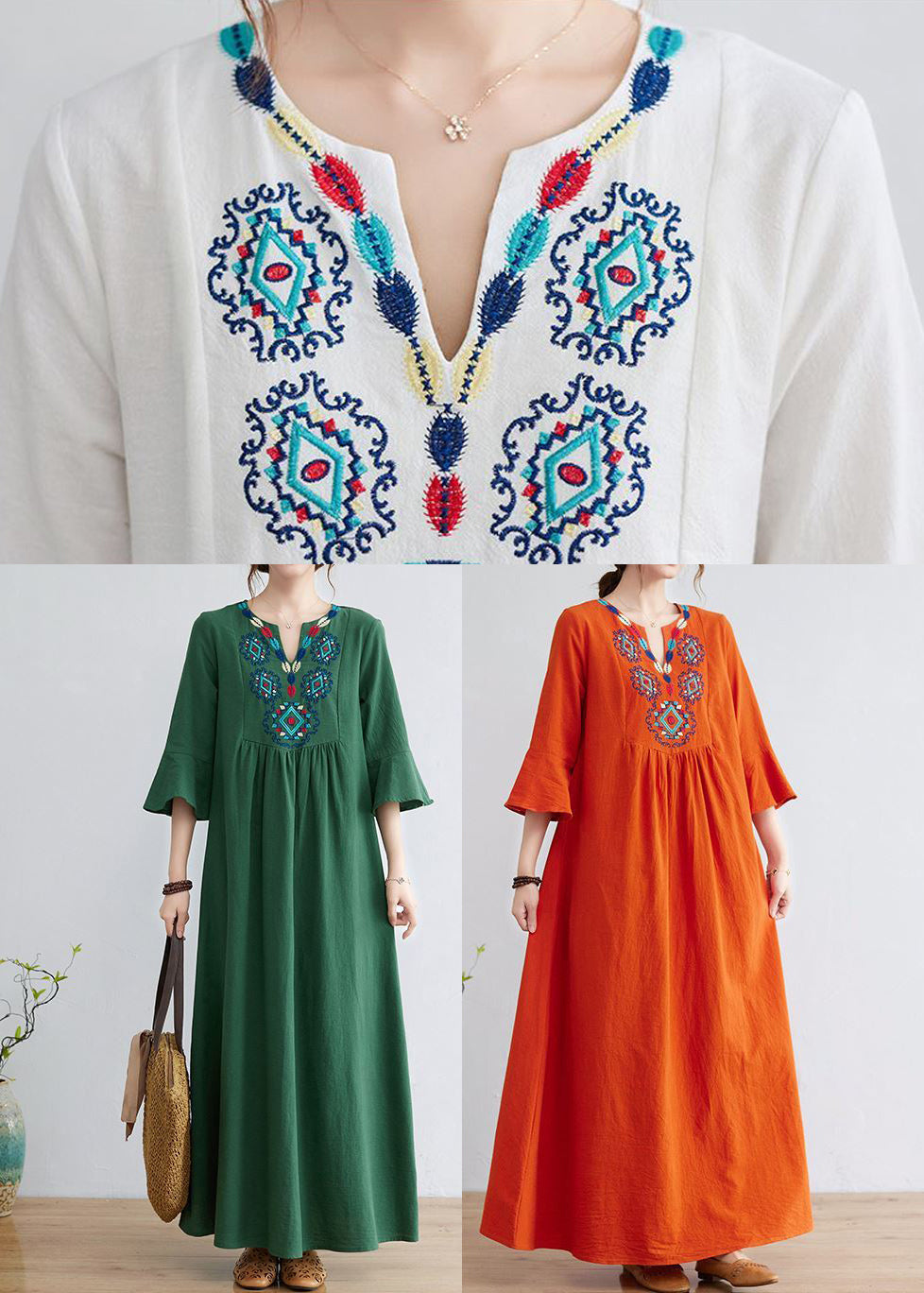 Green Cotton Long Dress Embroideried Exra Large Hem Flare Sleeve LY0900 - fabuloryshop