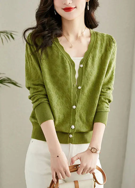 Green Embroideried Button Solid Knit Cardigans Fall Ada Fashion