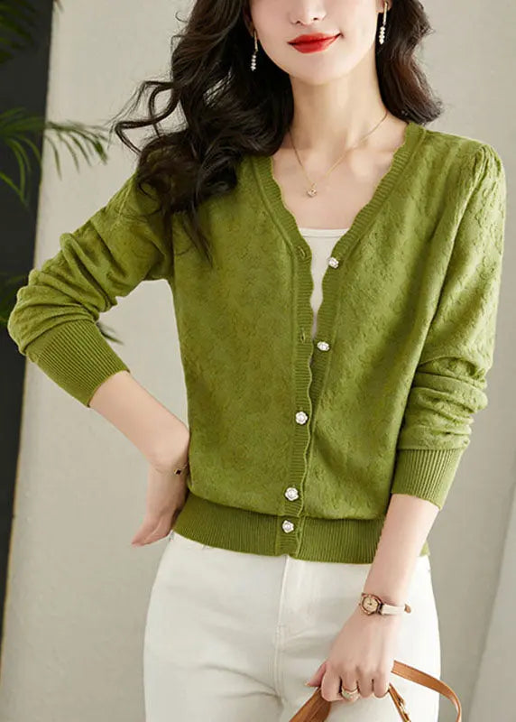 Green Embroideried Button Solid Knit Cardigans Fall Ada Fashion