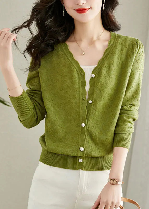 Green Embroideried Button Solid Knit Cardigans Fall Ada Fashion