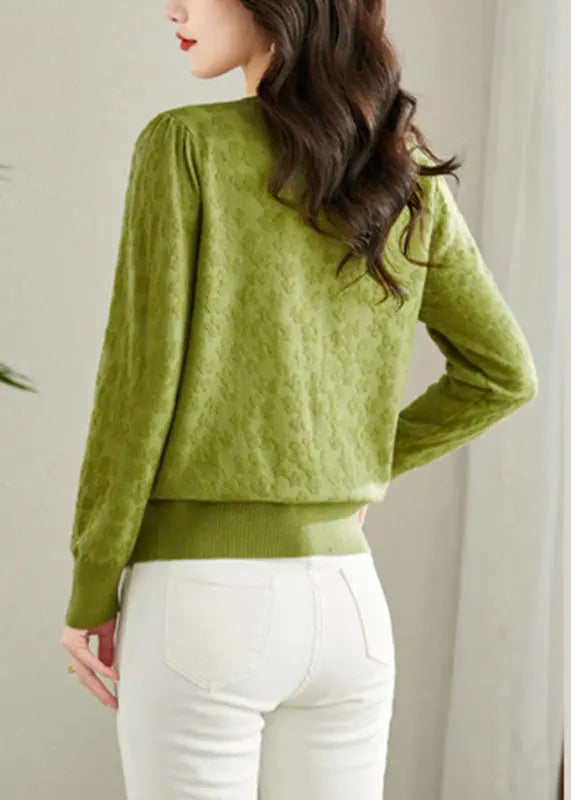 Green Embroideried Button Solid Knit Cardigans Fall Ada Fashion