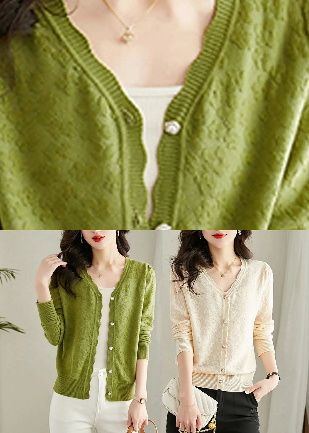 Green Embroideried Button Solid Knit Cardigans Fall Ada Fashion