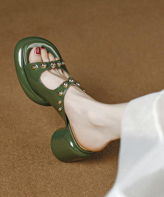 Green Faux Leather Chic Rivet Splicing Peep Toe Chunky Slide Sandals LY1768 - fabuloryshop