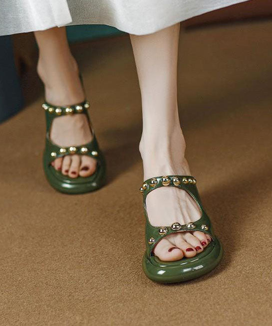 Green Faux Leather Chic Rivet Splicing Peep Toe Chunky Slide Sandals LY1768 - fabuloryshop