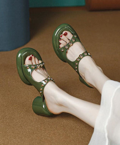 Green Faux Leather Chic Rivet Splicing Peep Toe Chunky Slide Sandals LY1768 - fabuloryshop