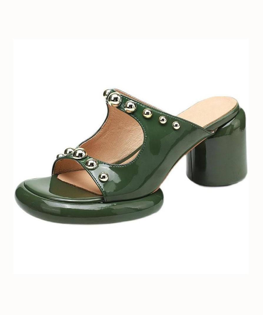 Green Faux Leather Chic Rivet Splicing Peep Toe Chunky Slide Sandals LY1768 - fabuloryshop