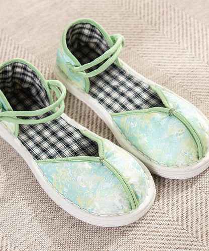 Green Flat Shoes For Women Cotton Fabric Splicing Buckle Strap Embroidery LY4350 - fabuloryshop