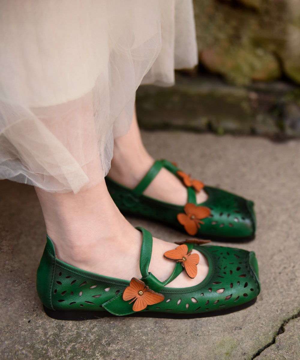 Grüne flache Schuhe für Frauen aus Rindsleder, weich, Schmetterlingsspleißen, aushöhlen LY7617