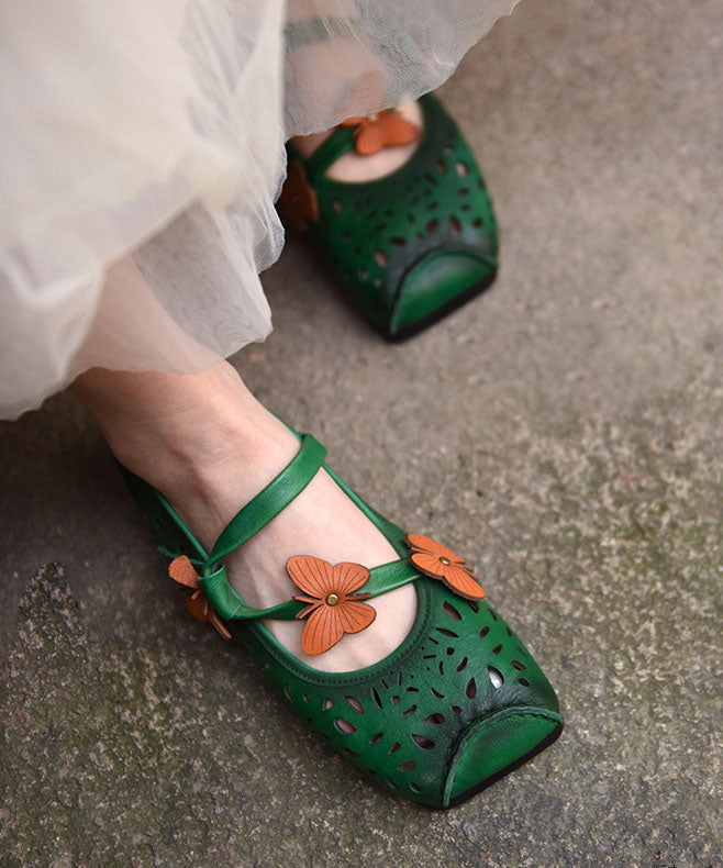 Grüne flache Schuhe für Frauen aus Rindsleder, weich, Schmetterlingsspleißen, aushöhlen LY7617