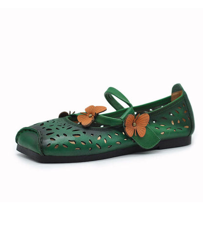 Green Flat Shoes For Women Cowhide Leather Soft Butterfly Splicing Hollow Out LY7617