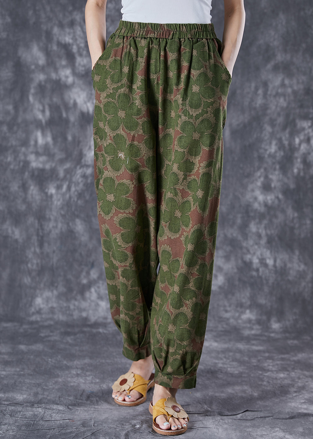 Green Floral Print Linen Pants Oversized Elastic Waist Summer Ada Fashion