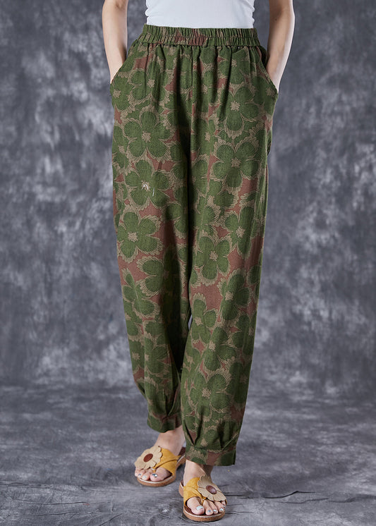 Green Floral Print Linen Pants Oversized Elastic Waist Summer Ada Fashion