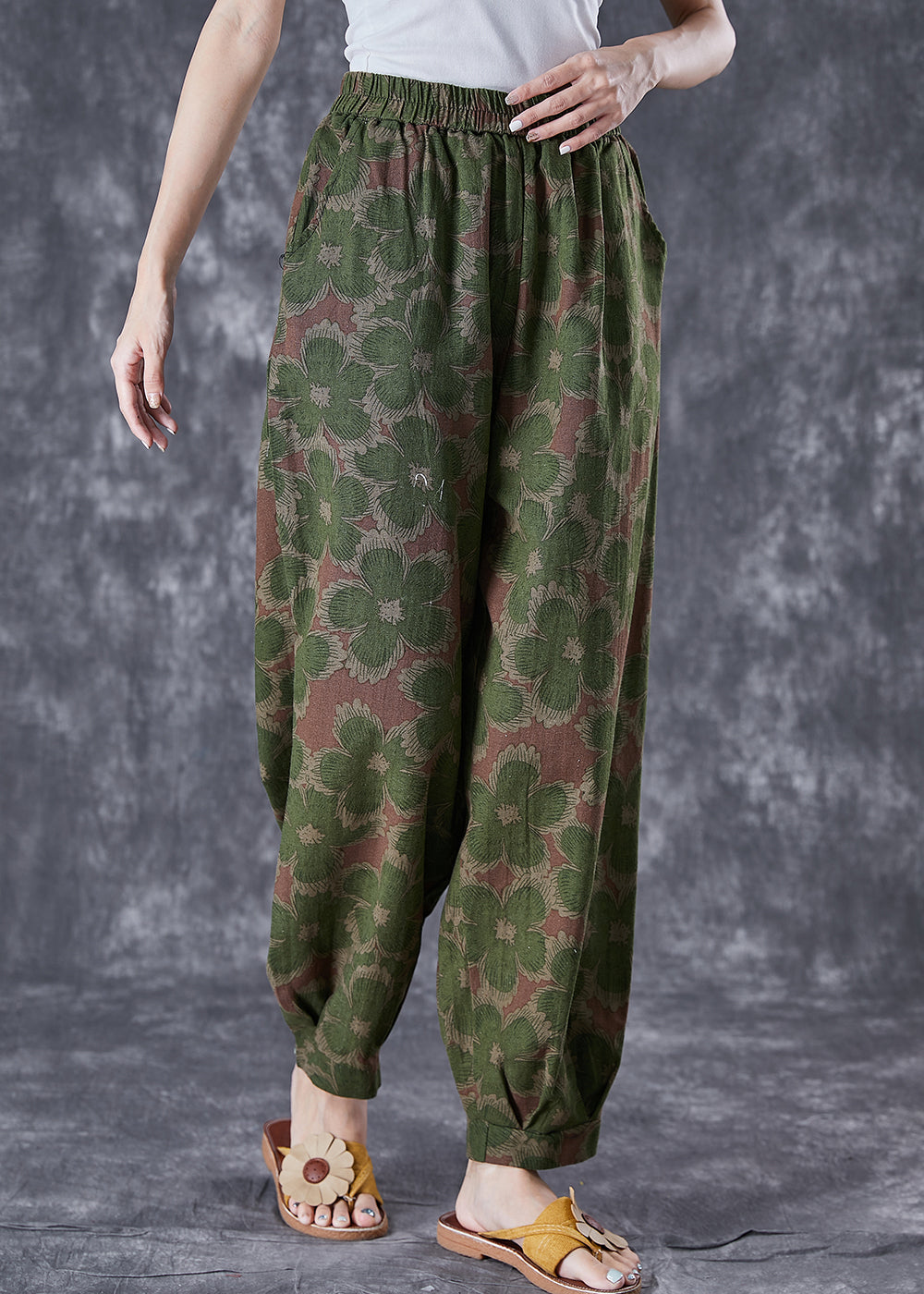 Green Floral Print Linen Pants Oversized Elastic Waist Summer Ada Fashion