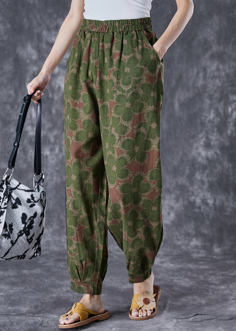 Green Floral Print Linen Pants Oversized Elastic Waist Summer Ada Fashion