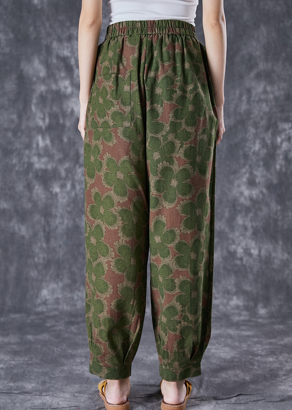 Green Floral Print Linen Pants Oversized Elastic Waist Summer Ada Fashion