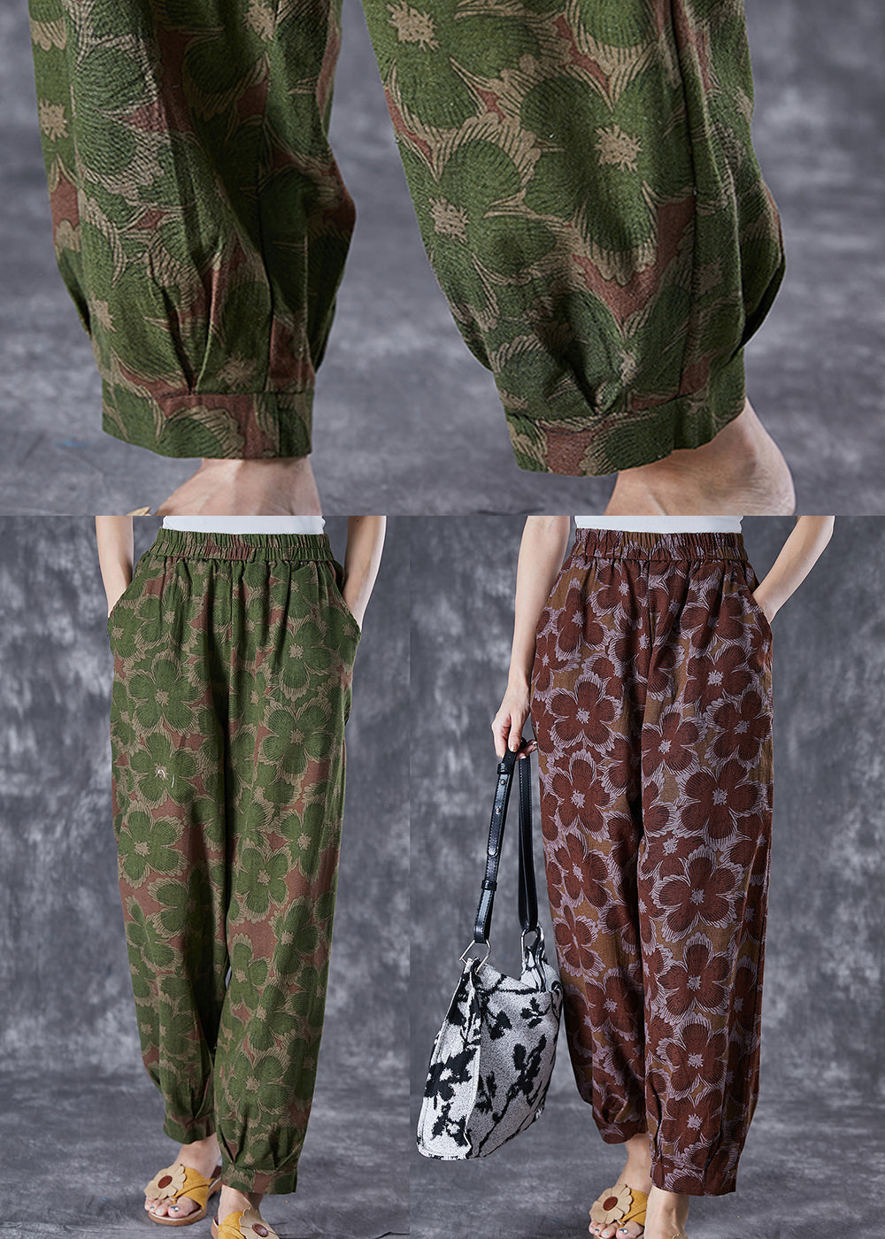 Green Floral Print Linen Pants Oversized Elastic Waist Summer Ada Fashion
