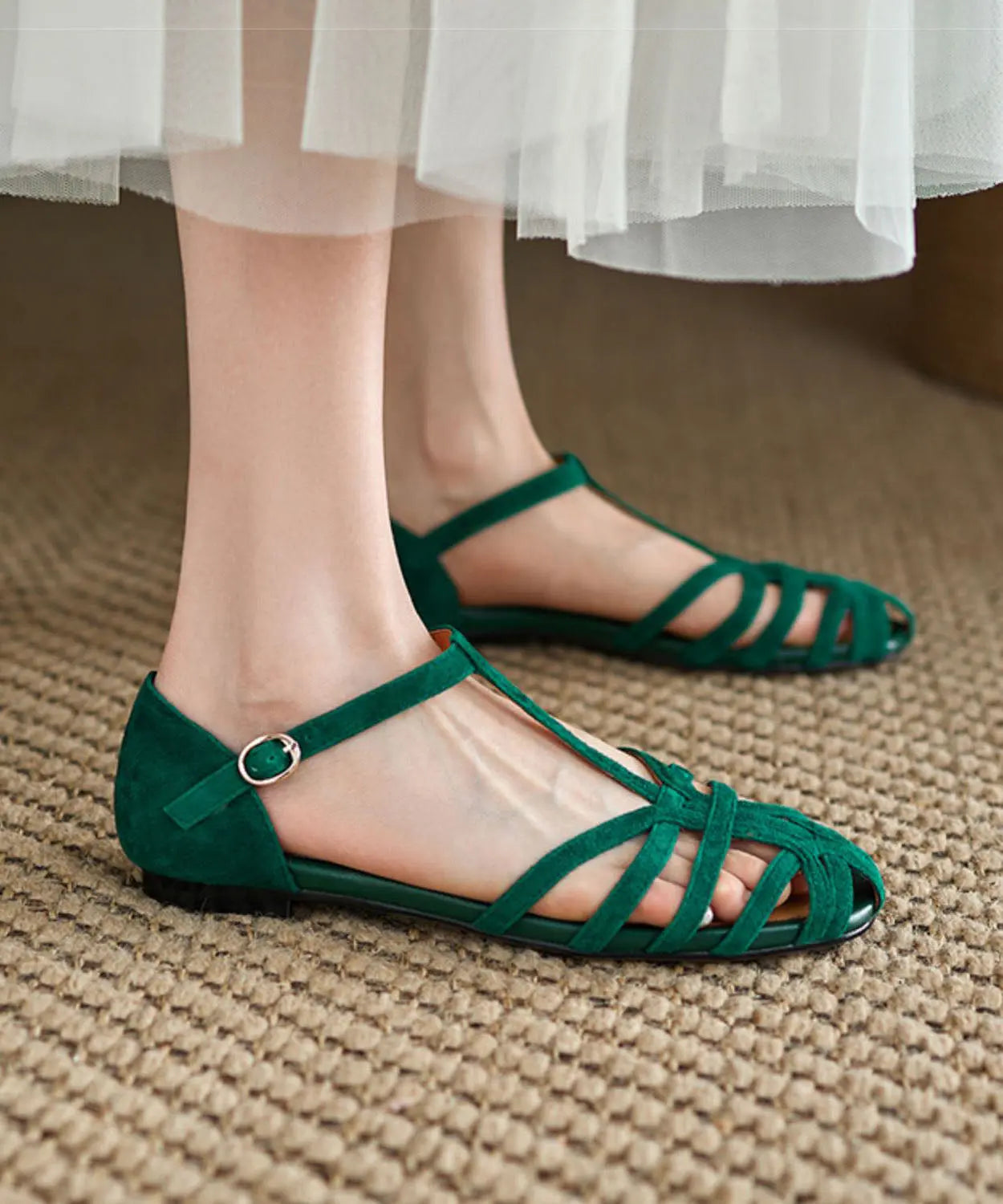 Green Hollow Out Buckle Strap Splicing Retro Walking Sandals Ada Fashion