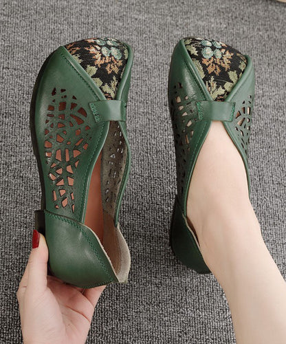 Green Hollow Out Cowhide Leather Flat Shoes For Women Splicing Flats LC0517 - fabuloryshop