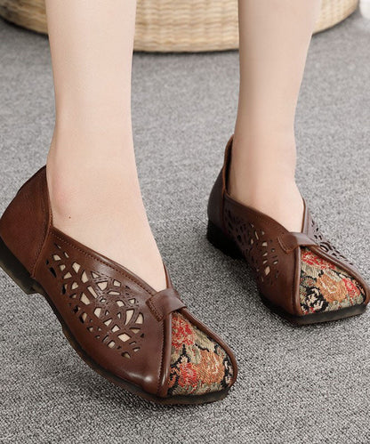 Green Hollow Out Cowhide Leather Flat Shoes For Women Splicing Flats LC0517 - fabuloryshop