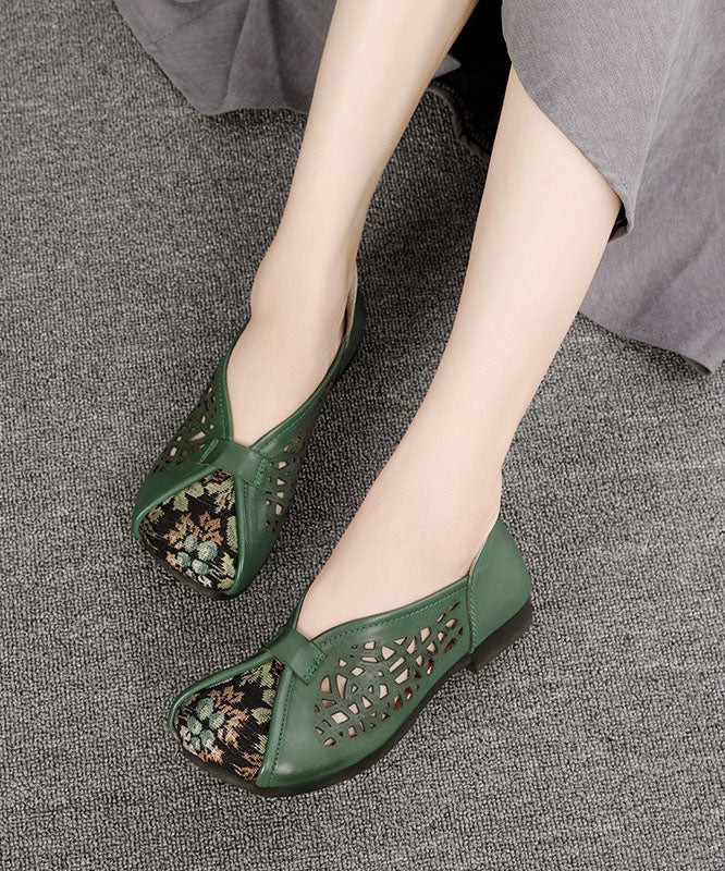 Green Hollow Out Cowhide Leather Flat Shoes For Women Splicing Flats LC0517 - fabuloryshop