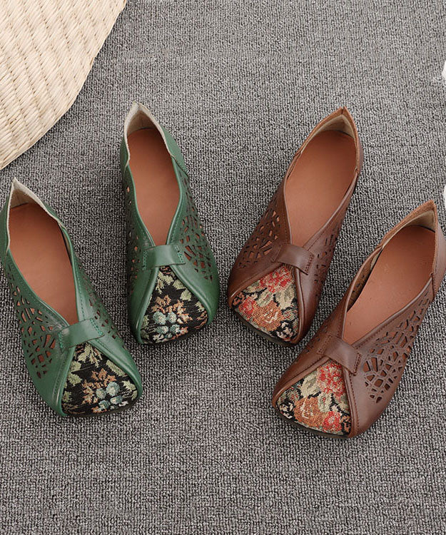 Green Hollow Out Cowhide Leather Flat Shoes For Women Splicing Flats LC0517 - fabuloryshop