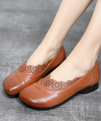 Green Hollow Out Flat Shoes Cowhide Leather Elegant Splicing Flats LC0507 - fabuloryshop