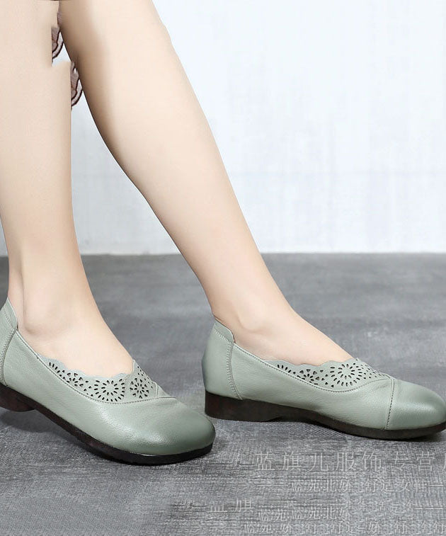 Green Hollow Out Flat Shoes Cowhide Leather Elegant Splicing Flats LC0507 - fabuloryshop