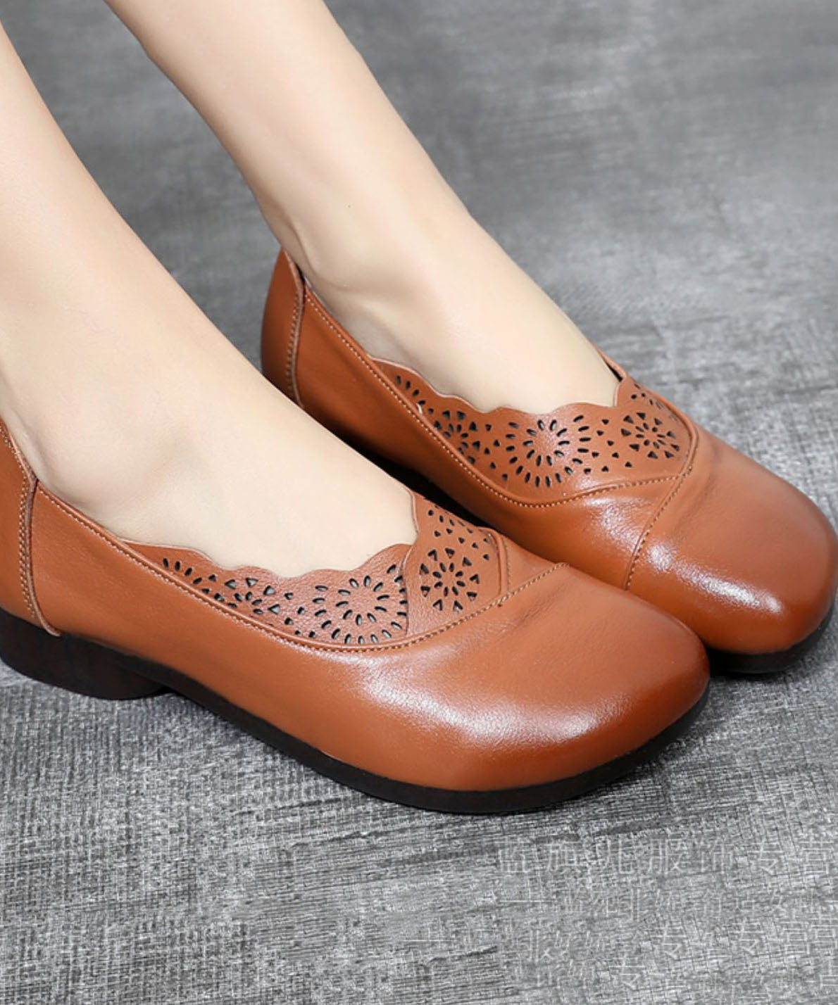 Green Hollow Out Flat Shoes Cowhide Leather Elegant Splicing Flats LC0507 - fabuloryshop