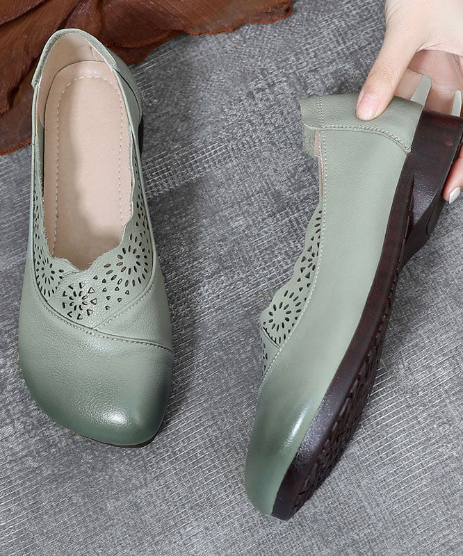 Green Hollow Out Flat Shoes Cowhide Leather Elegant Splicing Flats LC0507 - fabuloryshop