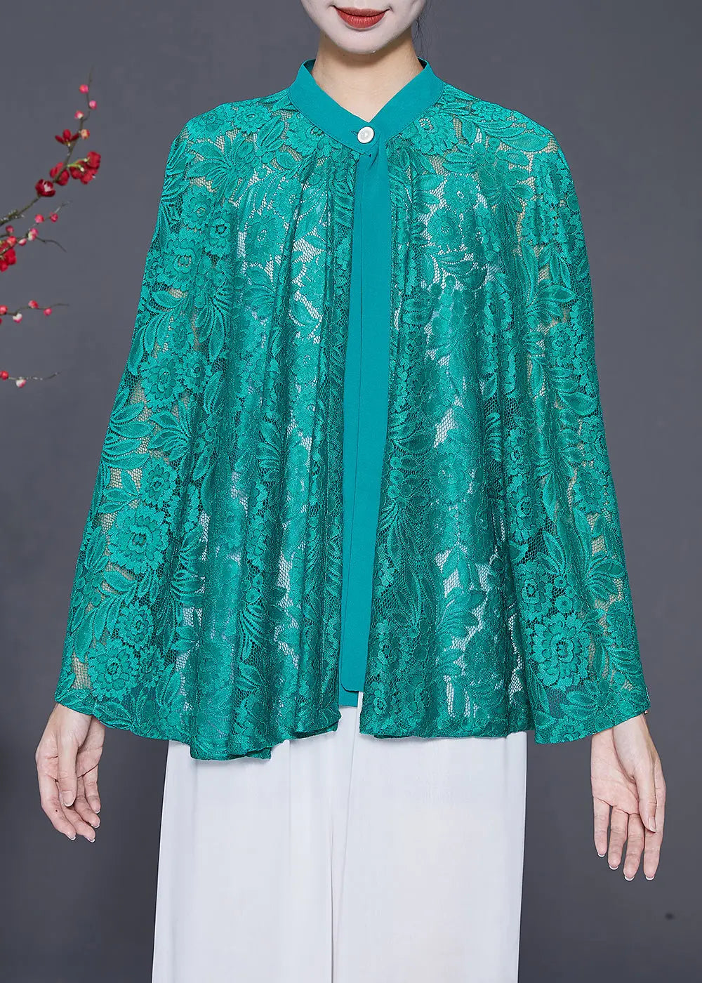 Green Hollow Out Lace UPF 50+ Smock Batwing Sleeve Ada Fashion