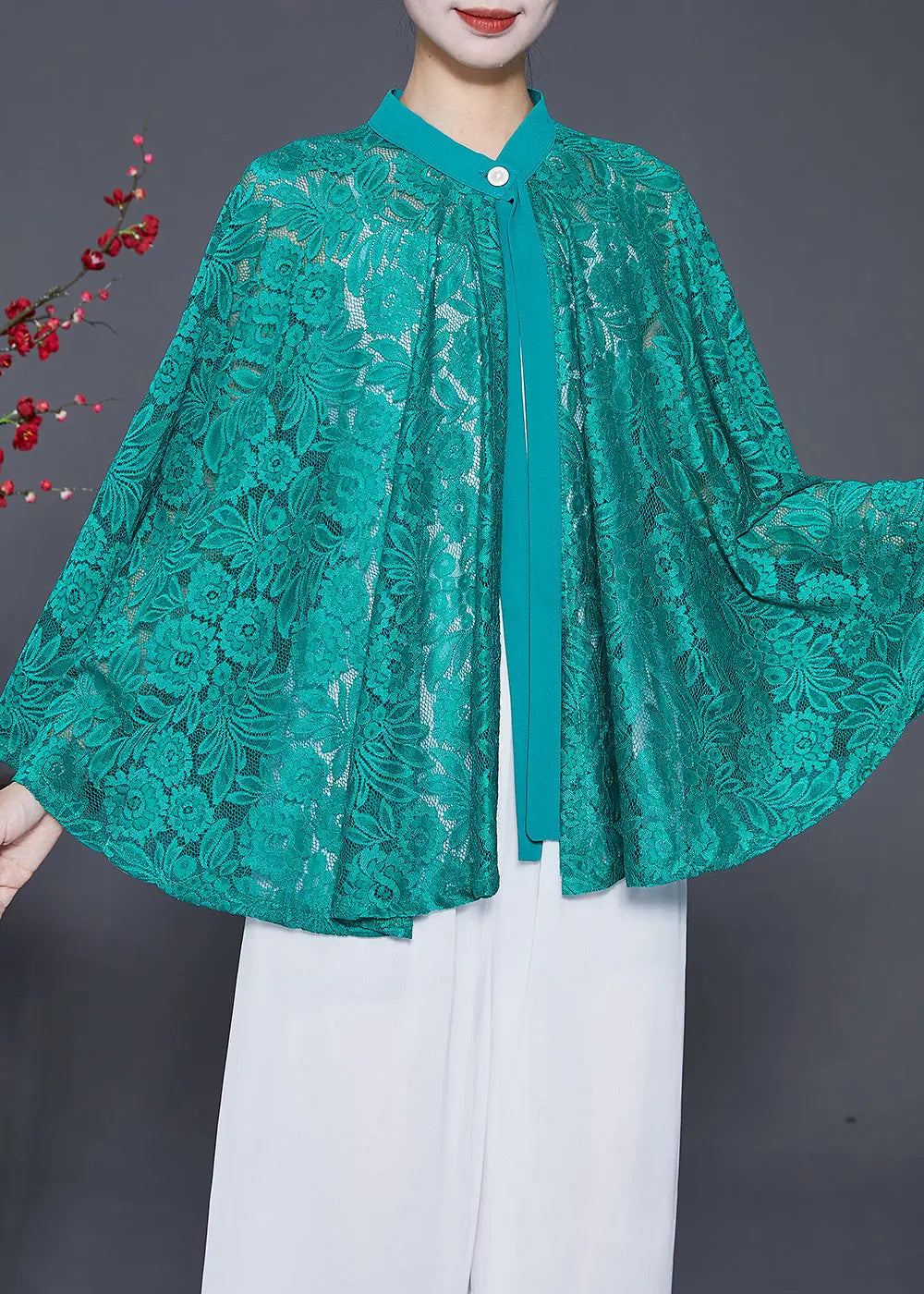 Green Hollow Out Lace UPF 50+ Smock Batwing Sleeve Ada Fashion