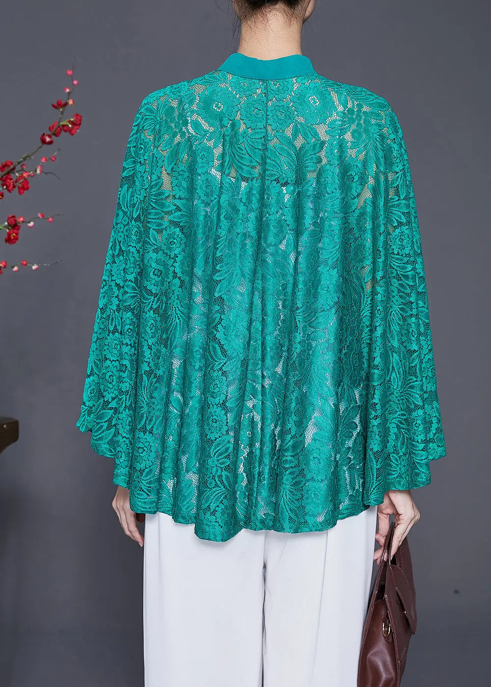 Green Hollow Out Lace UPF 50+ Smock Batwing Sleeve Ada Fashion