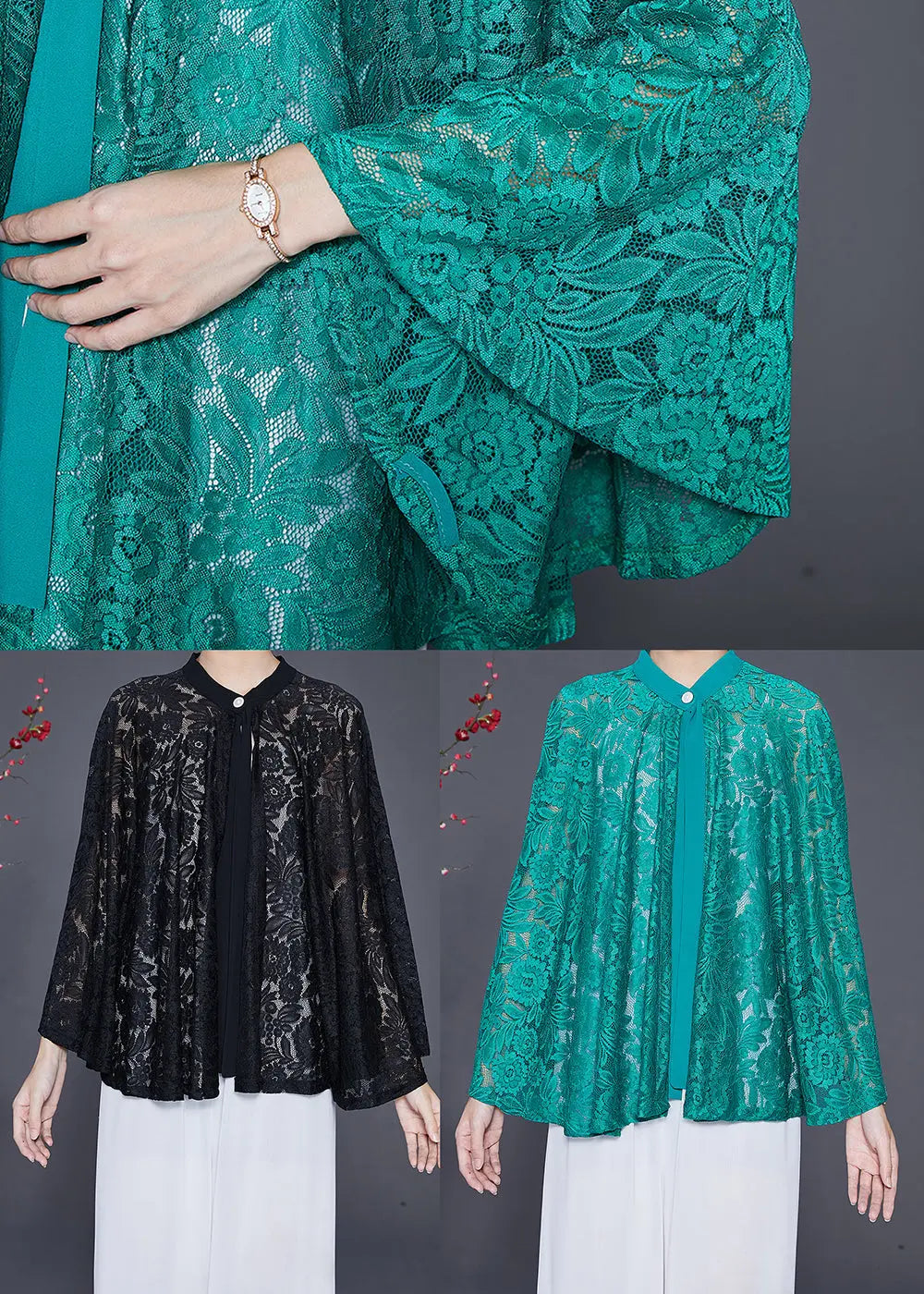 Green Hollow Out Lace UPF 50+ Smock Batwing Sleeve Ada Fashion
