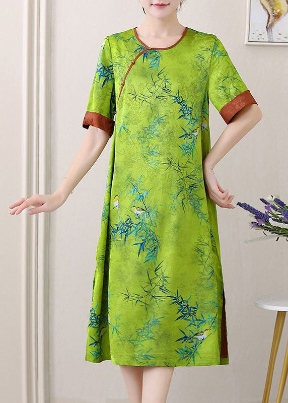 Green Jacquard Patchwork Silk Dresses O Neck Side Open SummerTI1047 - fabuloryshop