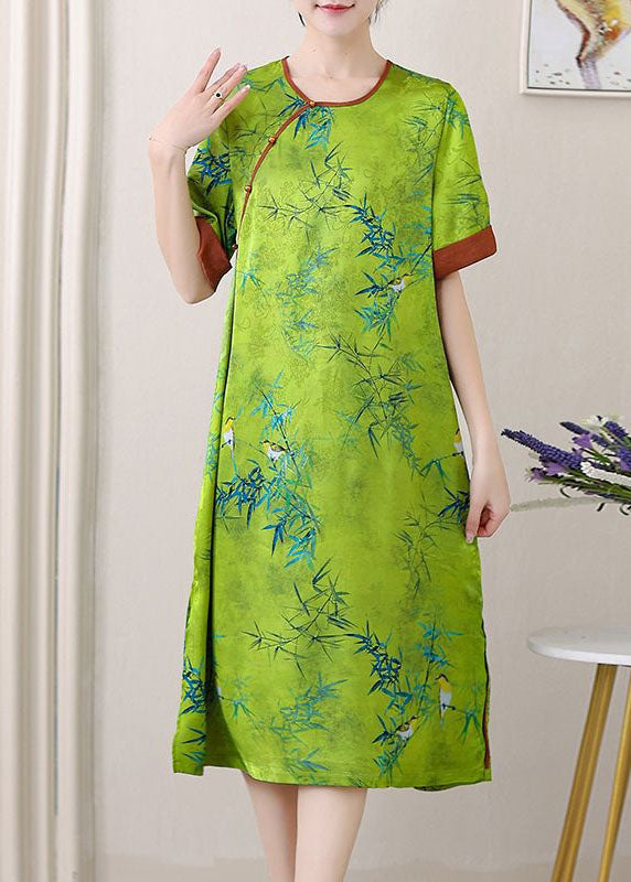 Green Jacquard Patchwork Silk Dresses O Neck Side Open SummerTI1047