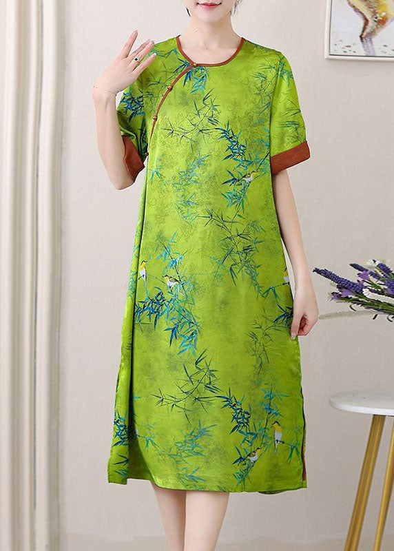 Green Jacquard Patchwork Silk Dresses O Neck Side Open SummerTI1047 - fabuloryshop