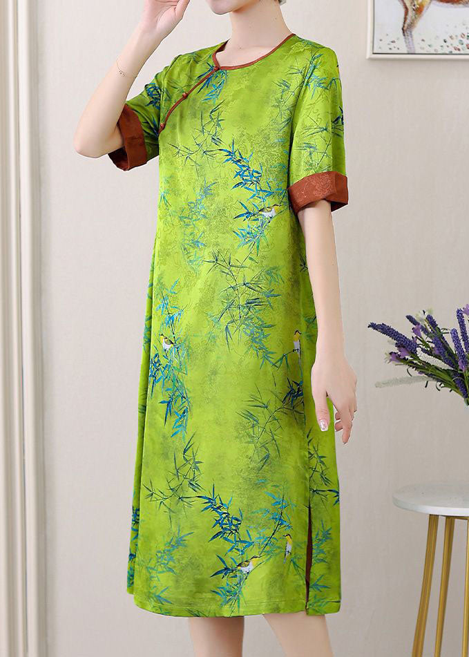 Green Jacquard Patchwork Silk Dresses O Neck Side Open SummerTI1047 - fabuloryshop