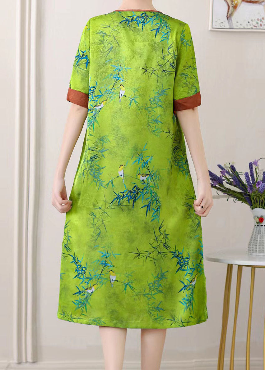 Green Jacquard Patchwork Silk Dresses O Neck Side Open SummerTI1047