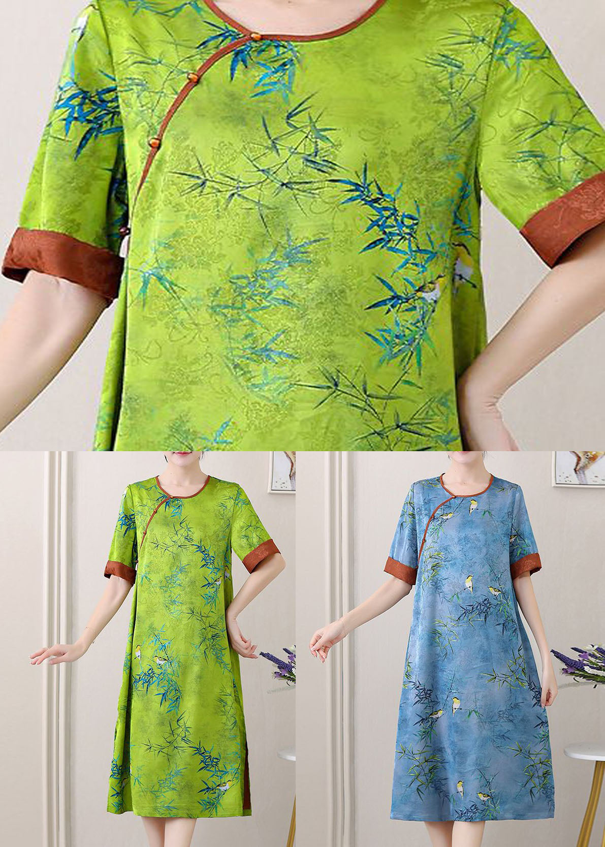 Green Jacquard Patchwork Silk Dresses O Neck Side Open SummerTI1047 - fabuloryshop