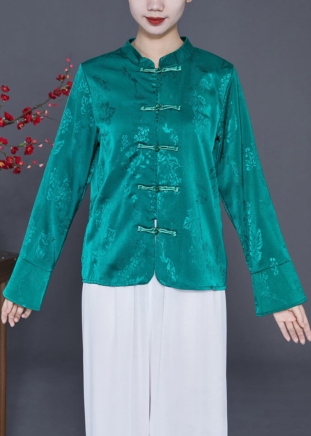 Green Jacquard Silk Shirt Mandarin Collar Chinese Button Spring LY3616 - fabuloryshop