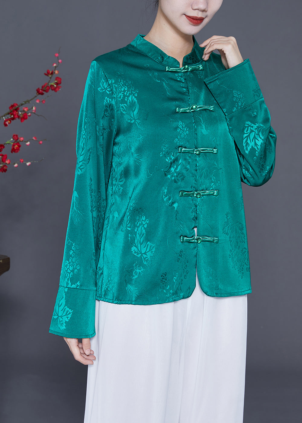 Green Jacquard Silk Shirt Mandarin Collar Chinese Button Spring LY3616 - fabuloryshop