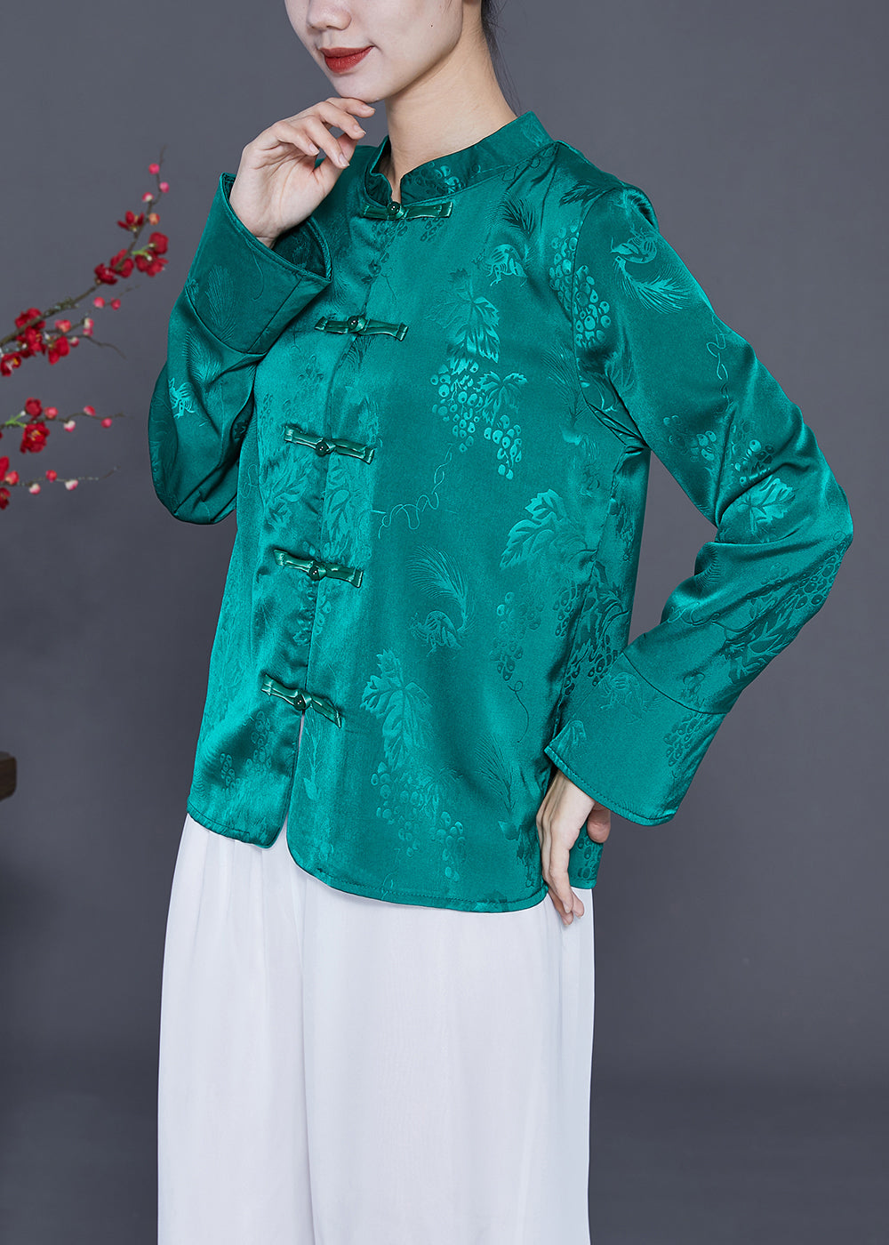 Green Jacquard Silk Shirt Mandarin Collar Chinese Button Spring LY3616 - fabuloryshop