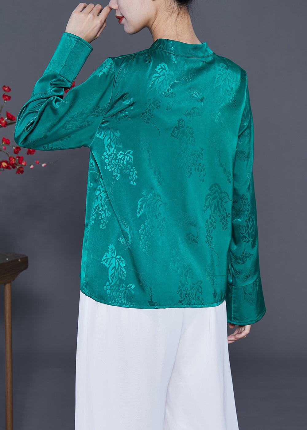 Green Jacquard Silk Shirt Mandarin Collar Chinese Button Spring LY3616 - fabuloryshop